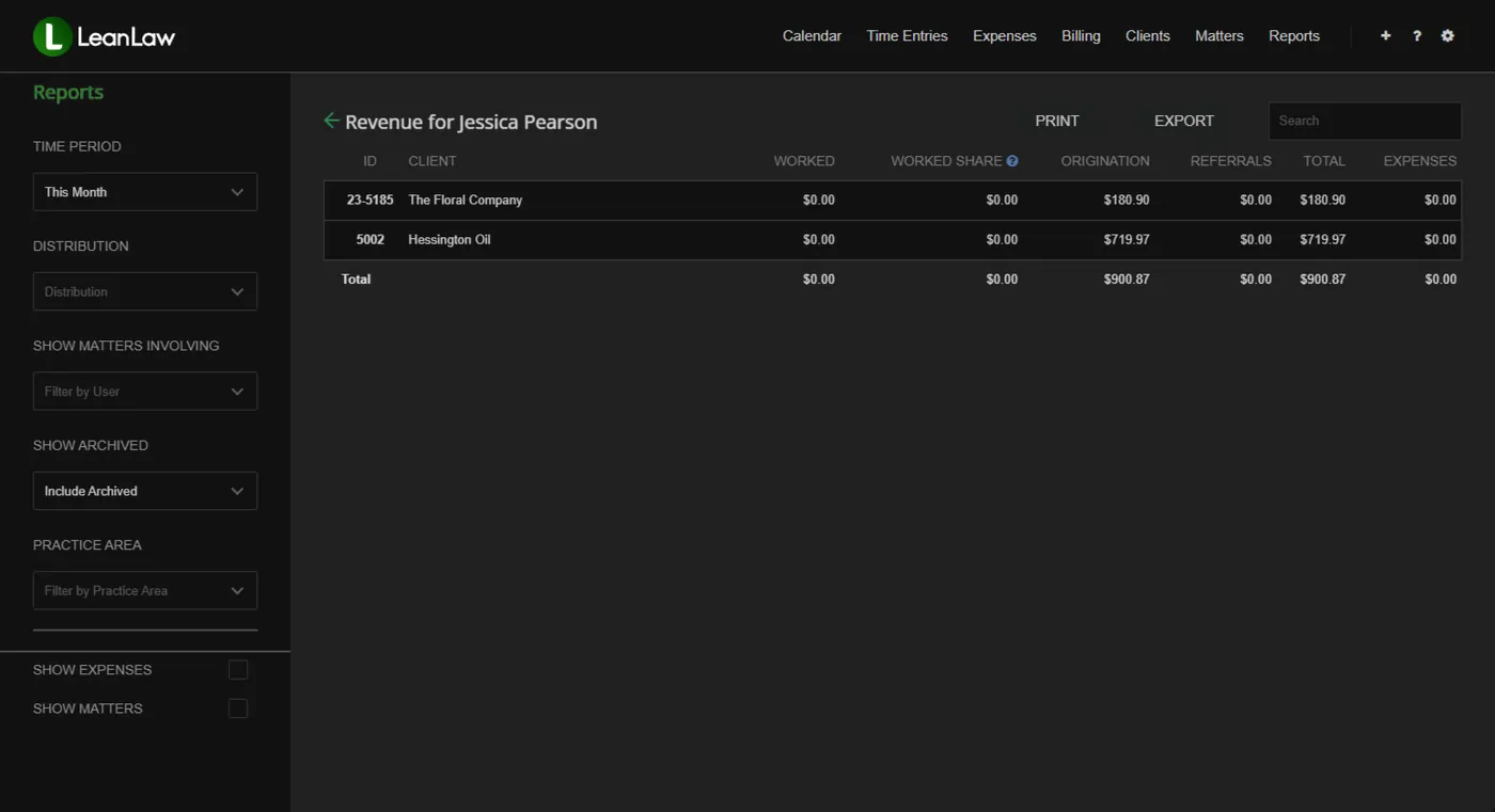 LeanLaw origination report — Revenue for Jessica Pearson — showing origination credit by client and matter
