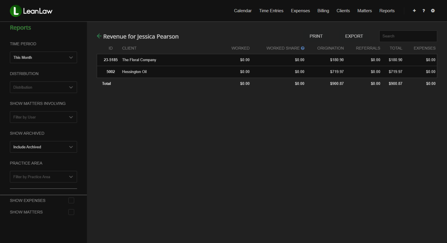 LeanLaw origination report — Revenue for Jessica Pearson — showing origination credit by client and matter