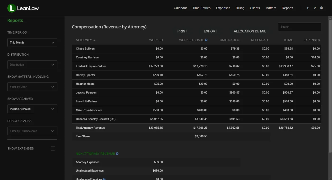 LeanLaw attorney dashboard showing billed YTD, origination credits, and realization rate for partners and attorneys