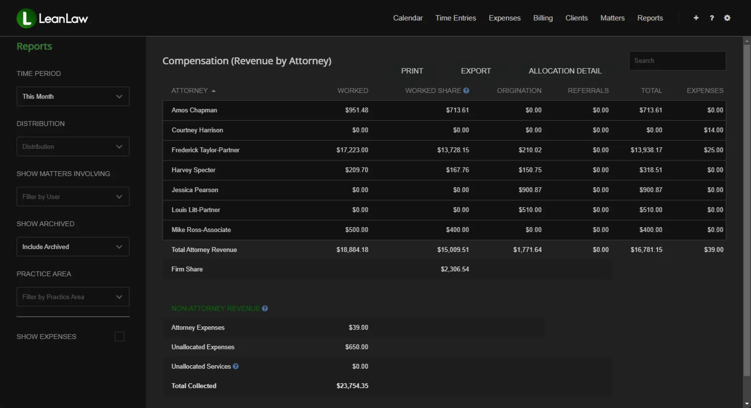 LeanLaw compensation report — originating, responsible, and working-attorney allocations