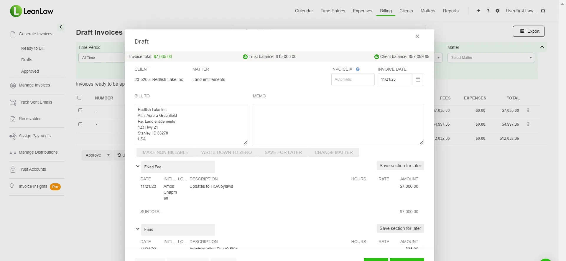 LeanLaw invoice builder — turning tracked time and expenses into a client-ready invoice