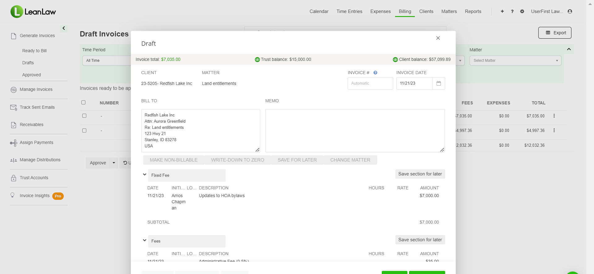 LeanLaw invoice builder — turning tracked time and expenses into a client-ready invoice