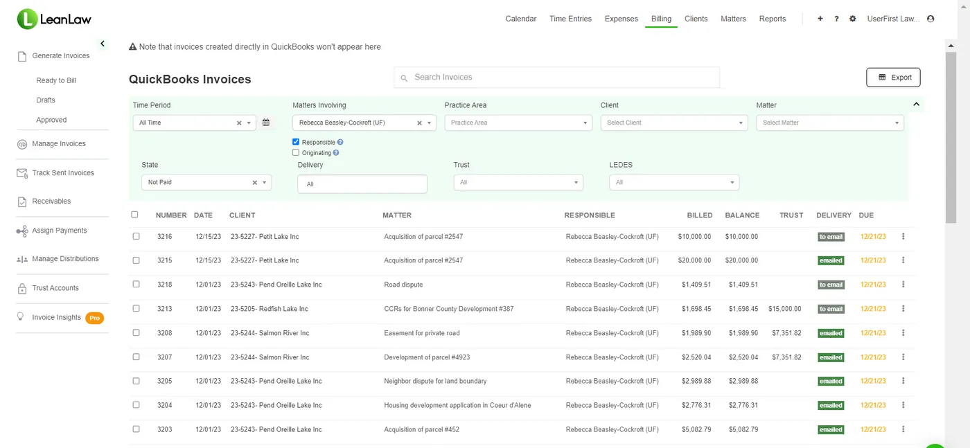 LeanLaw invoices synced to QuickBooks Online showing billed amount, balance, and delivery status per matter
