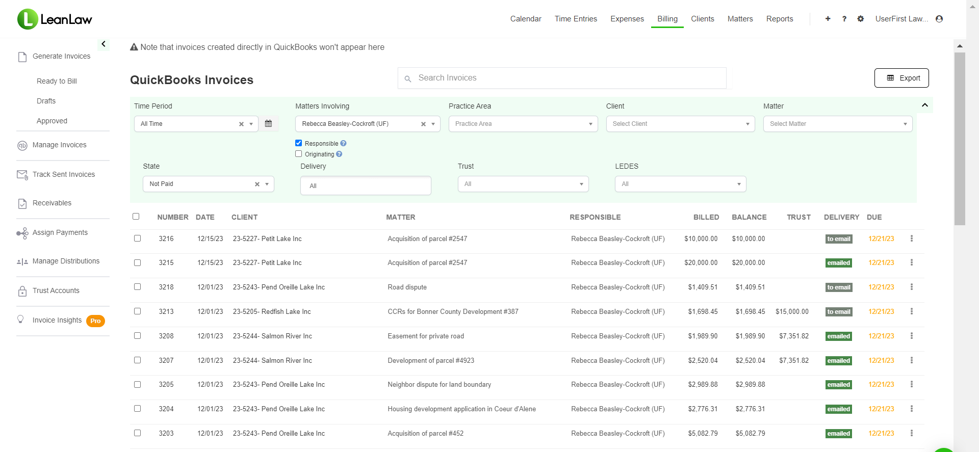 LeanLaw QuickBooks Invoices screen showing billed amounts, balances, and delivery status synced from QuickBooks Online