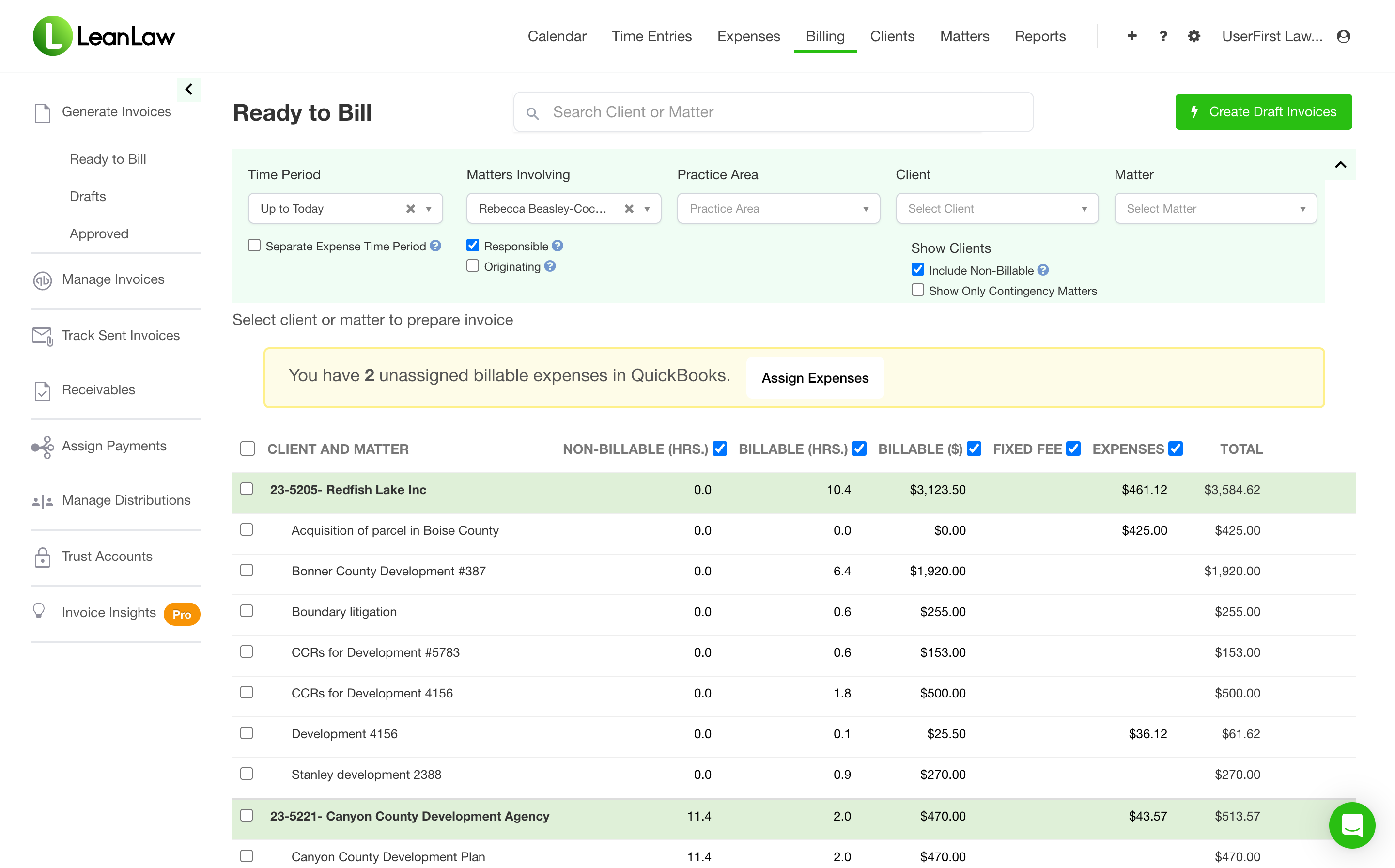 LeanLaw Ready to Bill screen showing matters ready to invoice with non-billable and billable hours, fixed fees, expenses, and totals per client