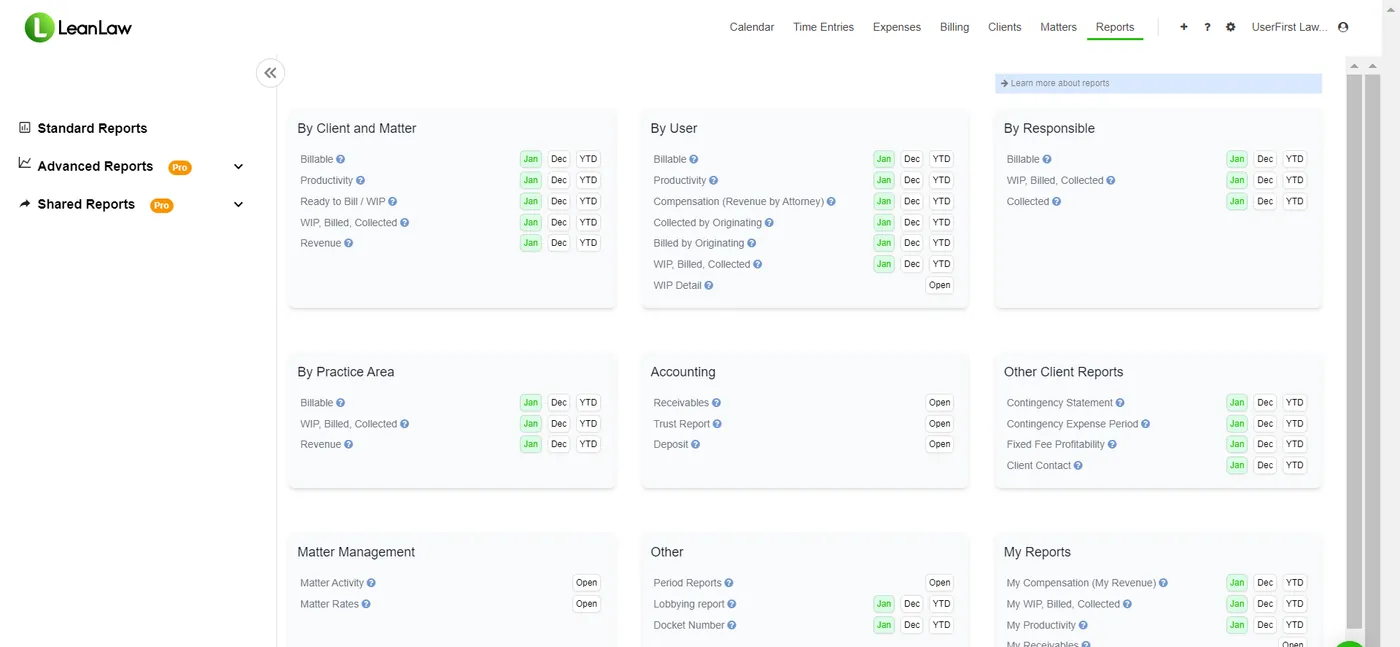 LeanLaw report library with billing, revenue, compensation, and trust reports