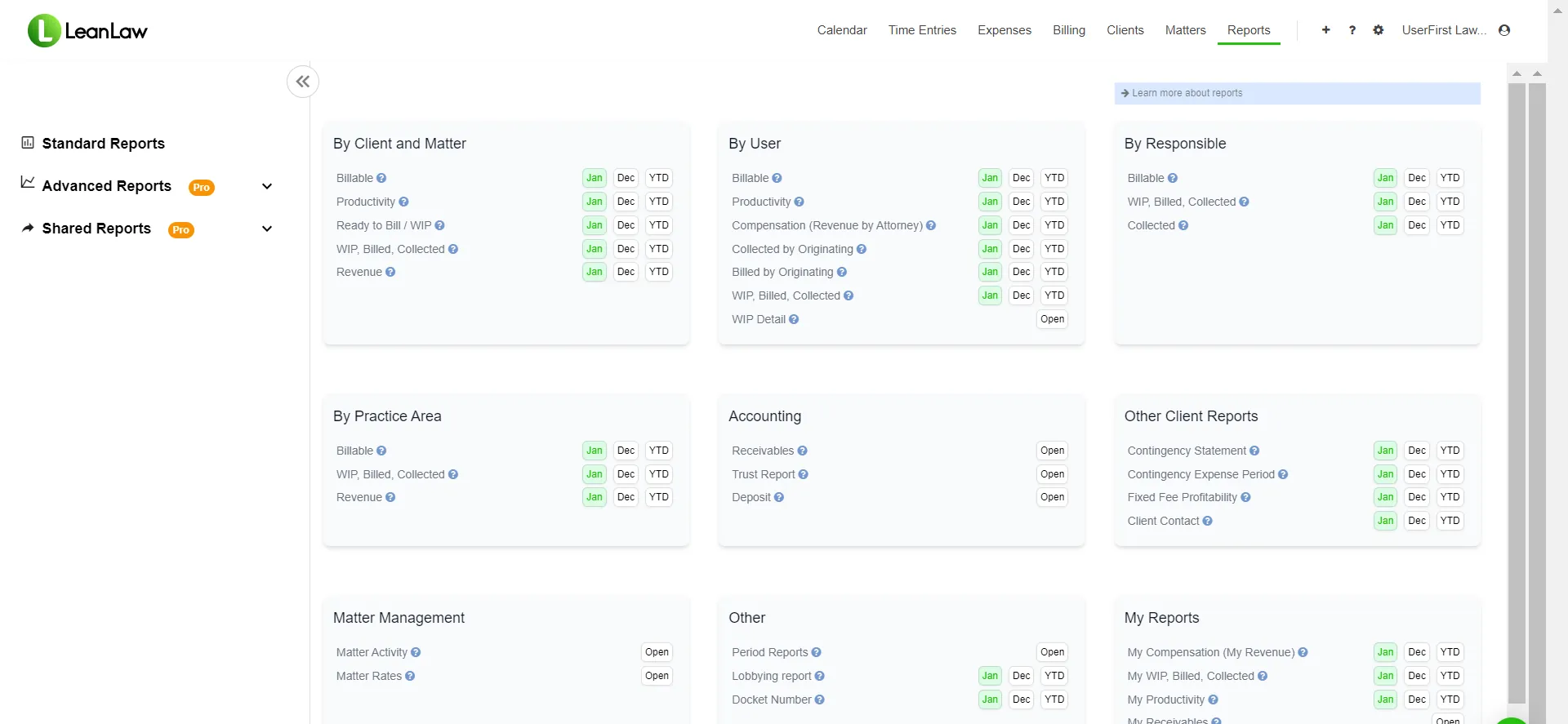 LeanLaw reports hub — realization, utilization, origination, and compensation reporting for law firms