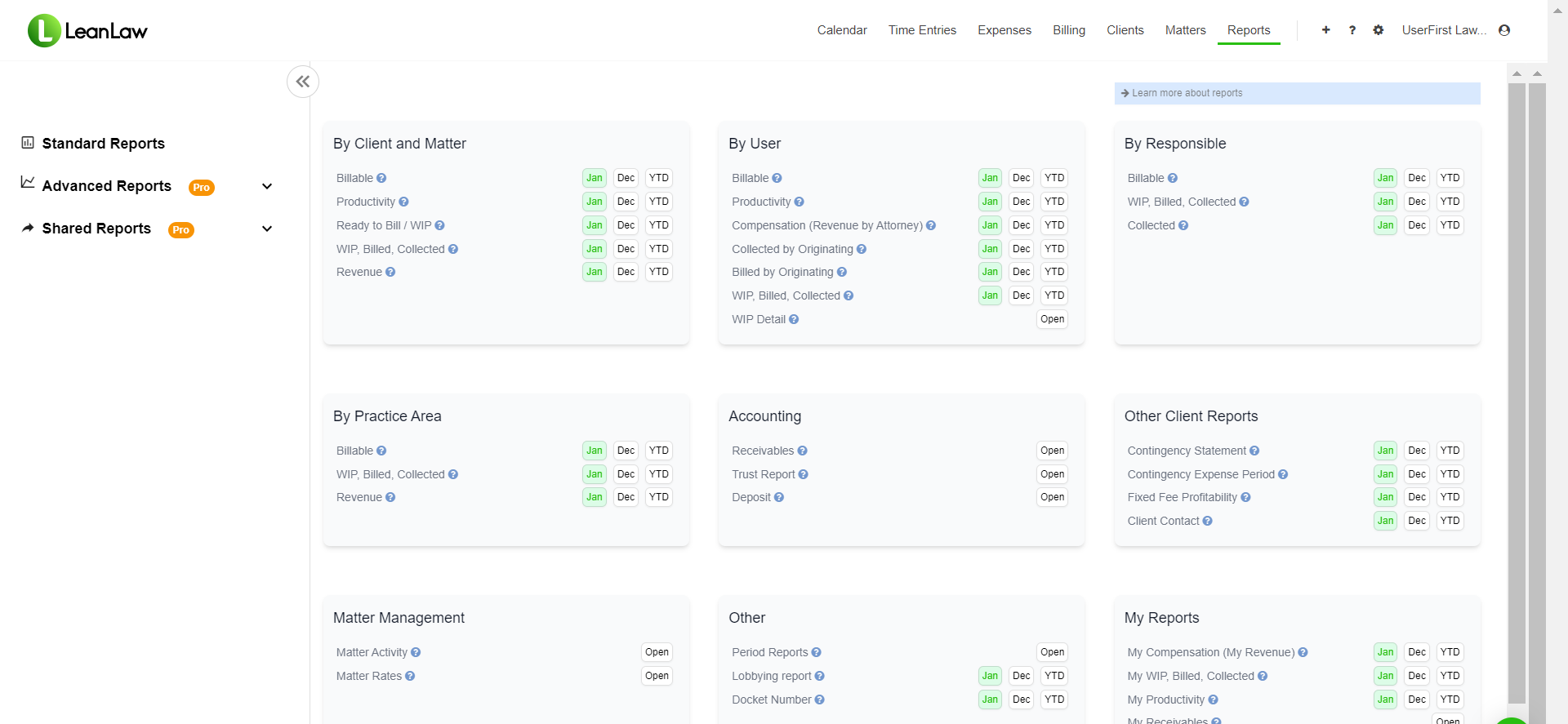 LeanLaw Lean Insights reporting hub showing report categories by client and matter, user, responsible attorney, practice area, and accounting