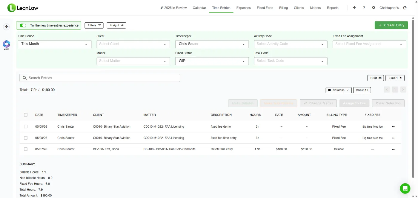 LeanLaw time entries organized by date, timekeeper, client, and matter