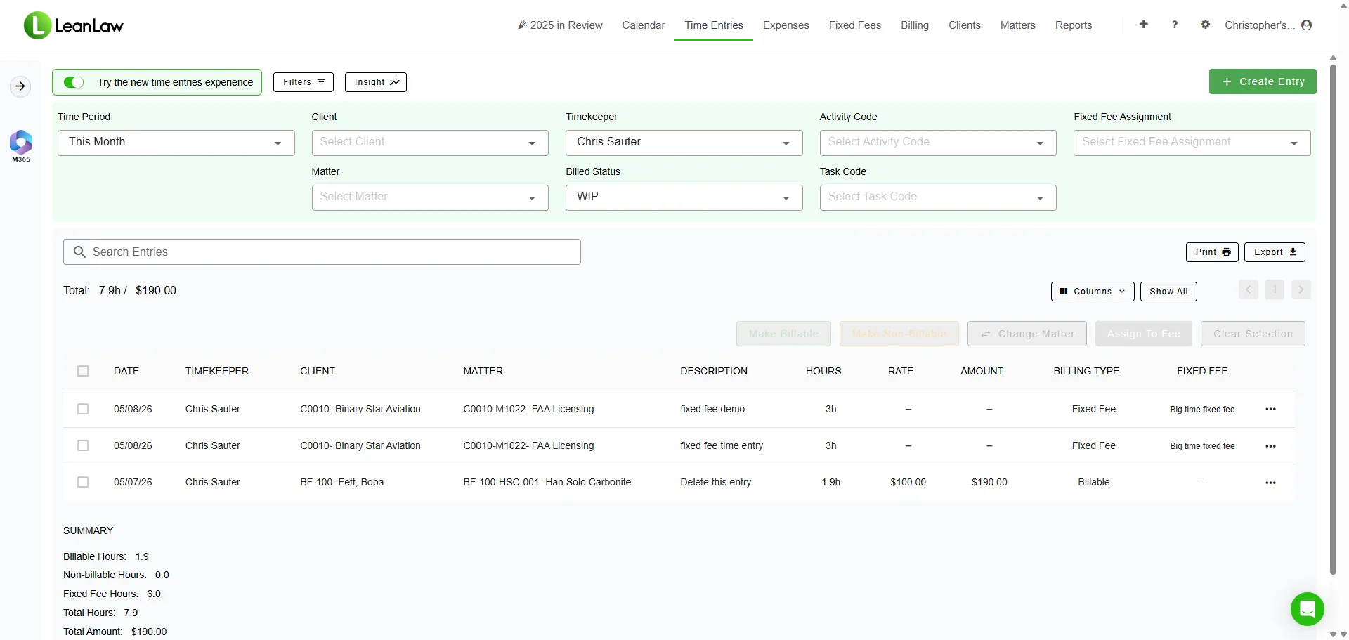 LeanLaw time entries screen showing billable hours, matters, and billing type for attorneys