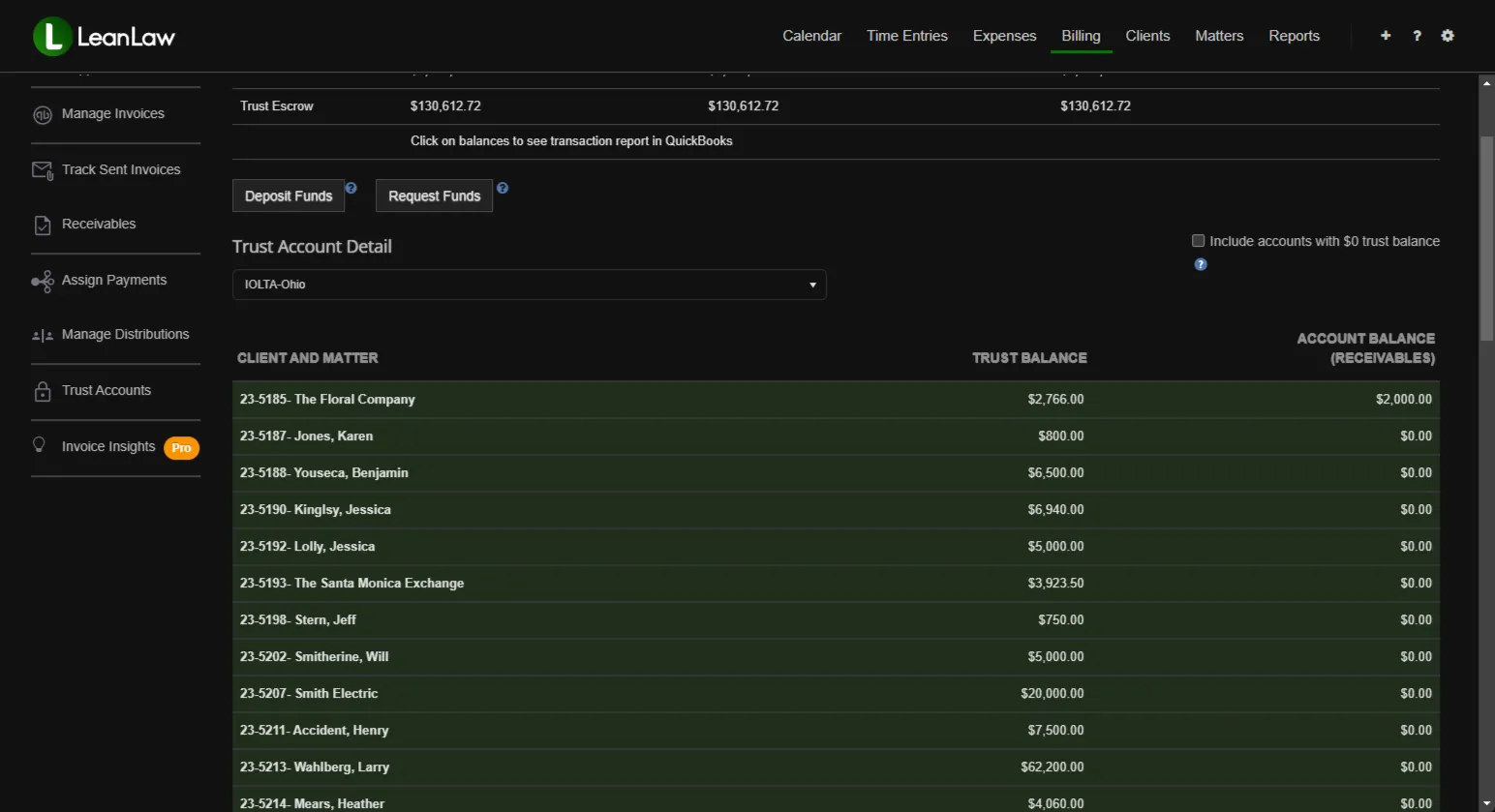 LeanLaw trust accounting — client trust ledger with retainer draws and three-way reconciliation
