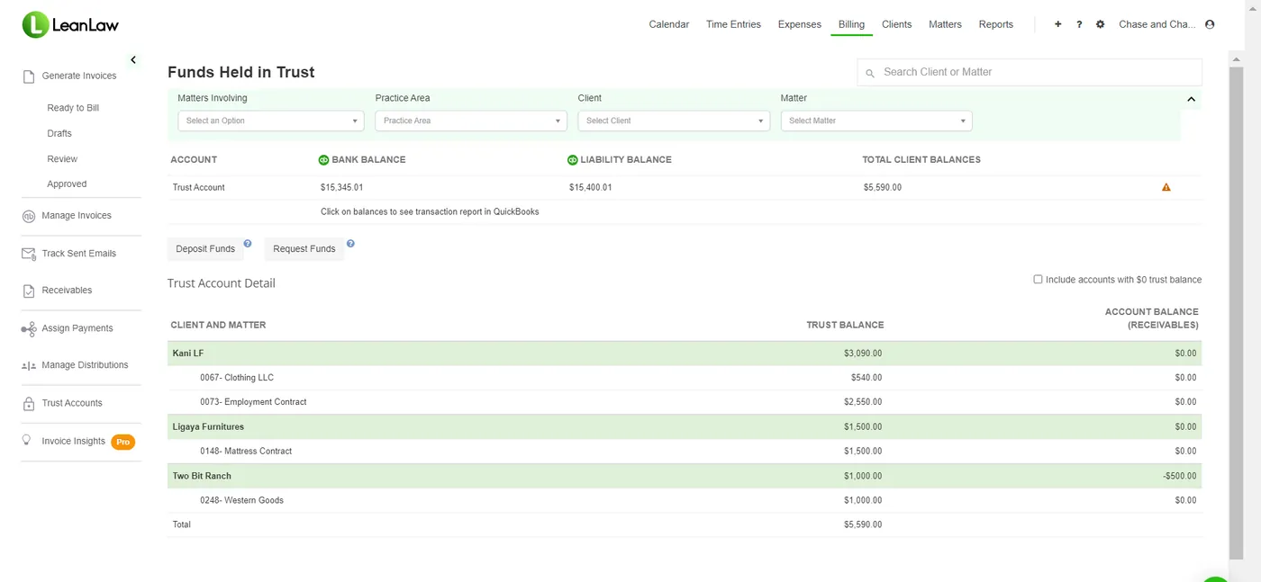 LeanLaw trust funds screen showing separate client and matter balances