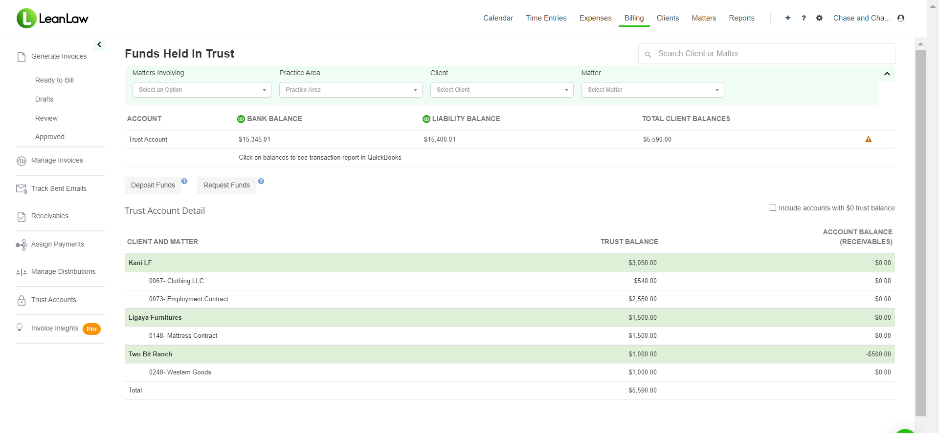 LeanLaw Funds Held in Trust dashboard showing bank balance, liability balance, and per-client trust balances synced to QuickBooks Online