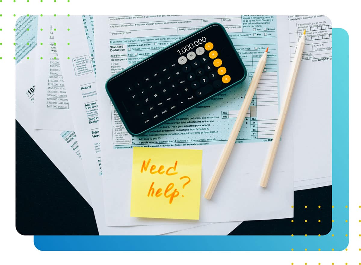 A sticker with "Need help?" and a calculator