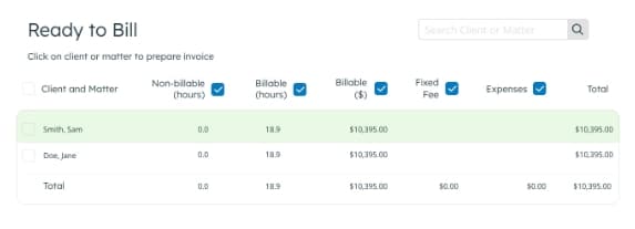 LeanLaw Client billing list