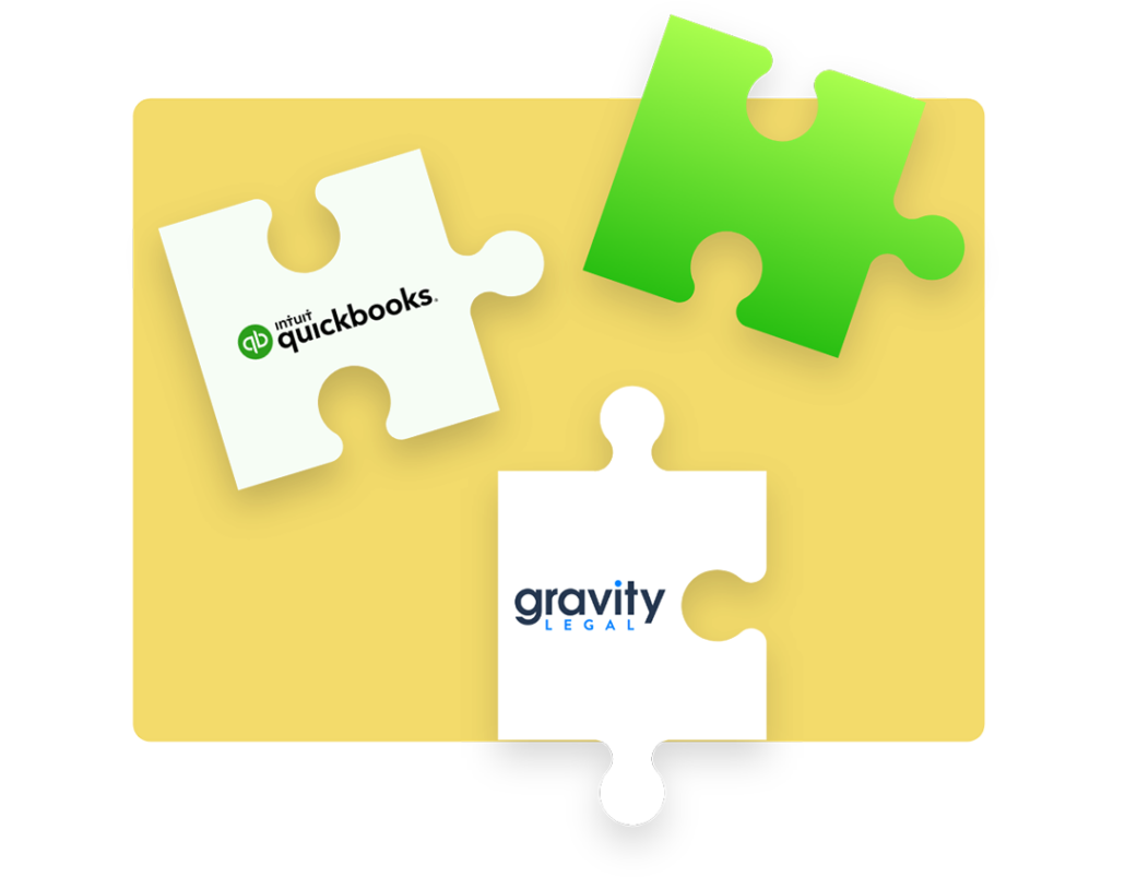 Puzzle of pieces of a intuit quickbooks and gravity legal logo.