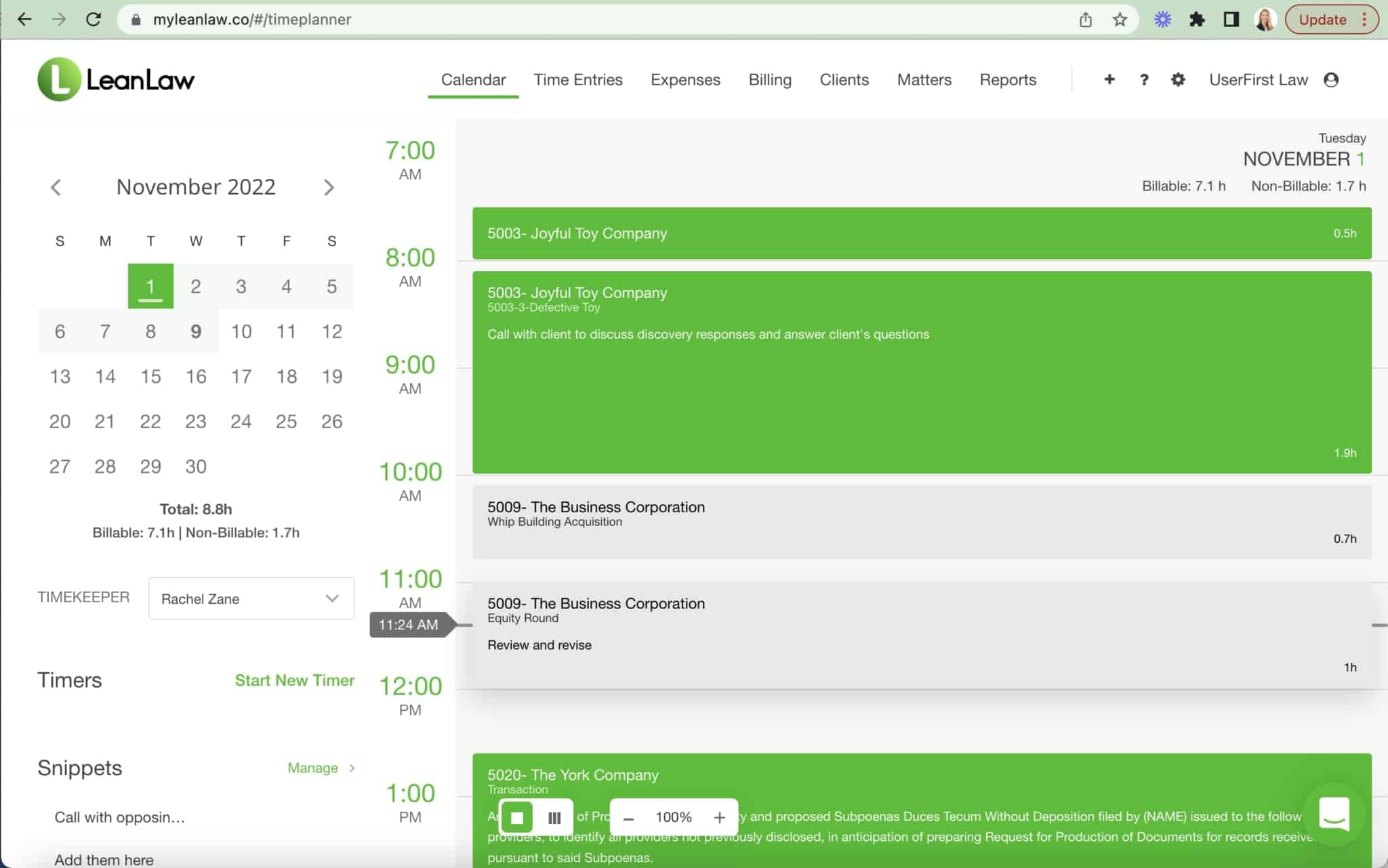 LeanLaw Billable Hours Calendar View for Lawyers