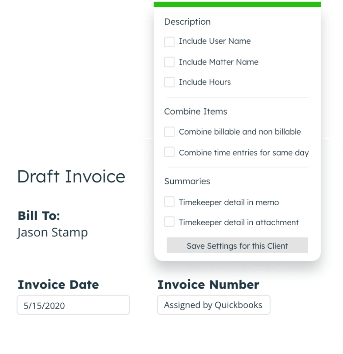 LeanLaw Draft invoice information and setting options