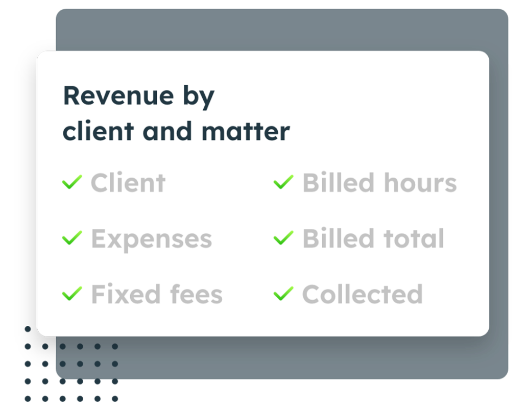 Compensation tracking revenue by client and matter.