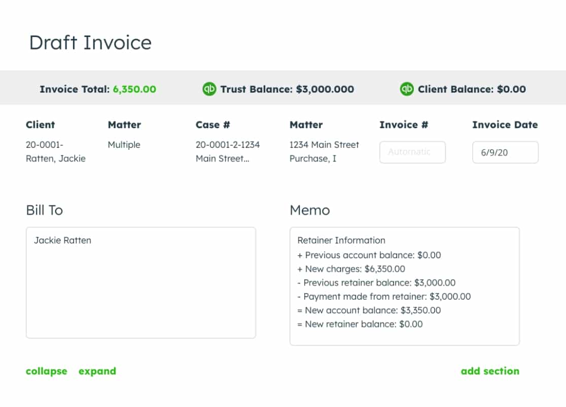 LeanLaw Draft invoice information