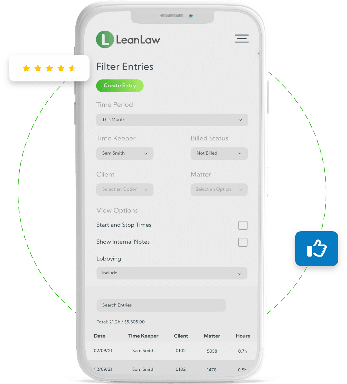 LeanLaw Filter Entries information fields on smartphone screen